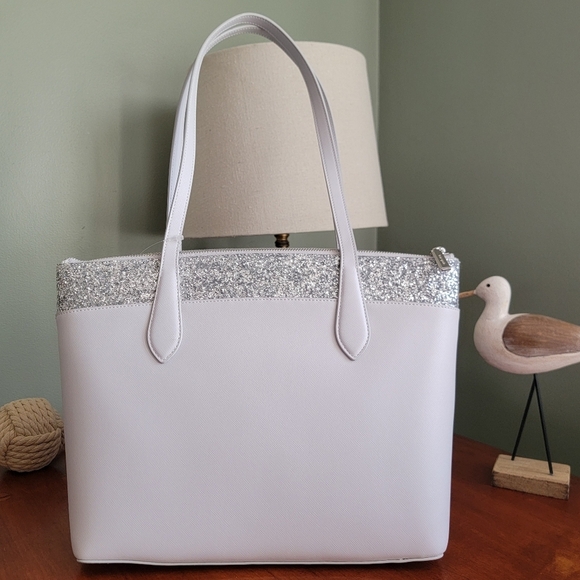 NWT Kate Spade K8706 Flash Glitter Tote Gray Saffiano Silver Glitter - Picture 2 of 16